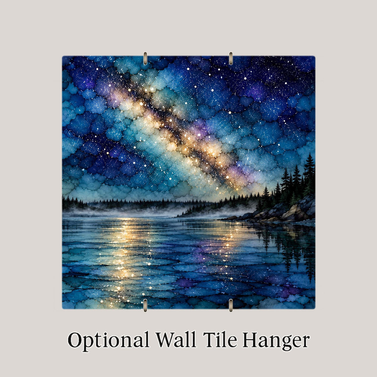Boundary Waters Milky Way Ceramic Tile Wall Art Alcohol Ink Style Starry Night Reflected on Still Pine Lake Lake House Decor