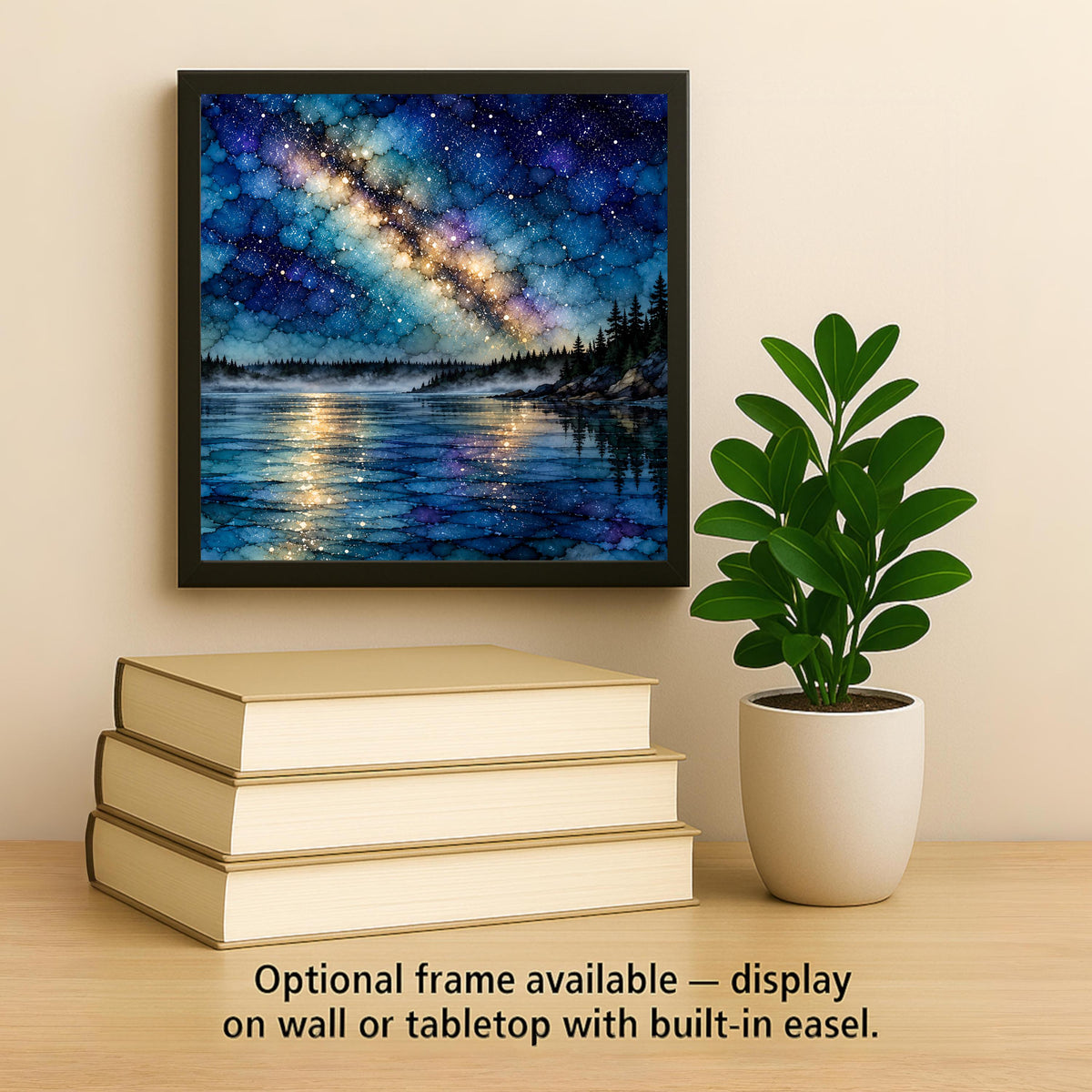 Boundary Waters Milky Way Ceramic Tile Wall Art Alcohol Ink Style Starry Night Reflected on Still Pine Lake Lake House Decor