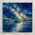 Alcohol ink style ceramic art tile of the Milky Way over a small pine island in a Boundary Waters lake at night, mist drifting along a dark spruce shoreline and starlight reflected on still water