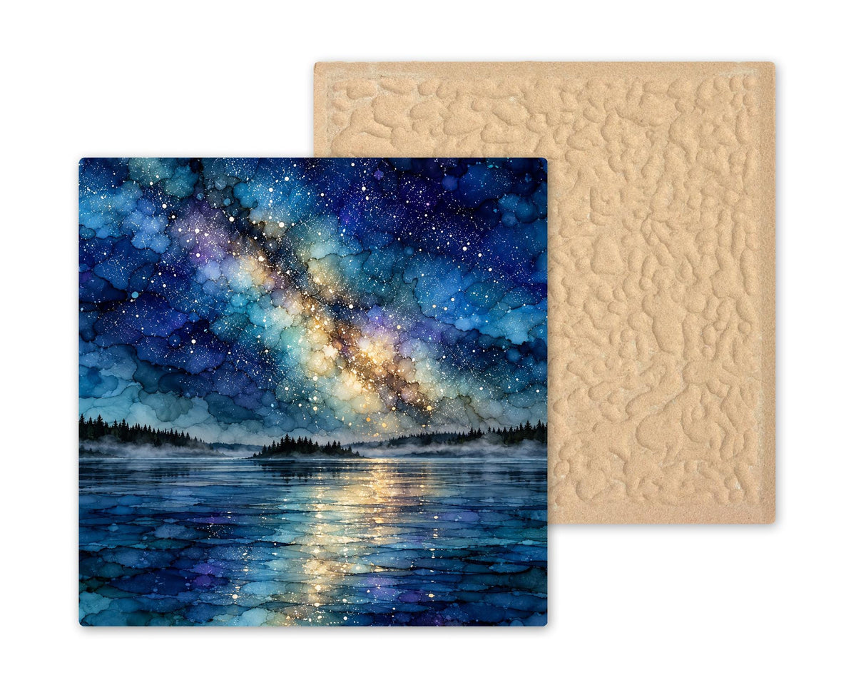 Boundary Waters Ceramic Tile Wall Art Alcohol Ink Style Starry Night Milky Way Over Pine Island Misty Lake Lake House Decor