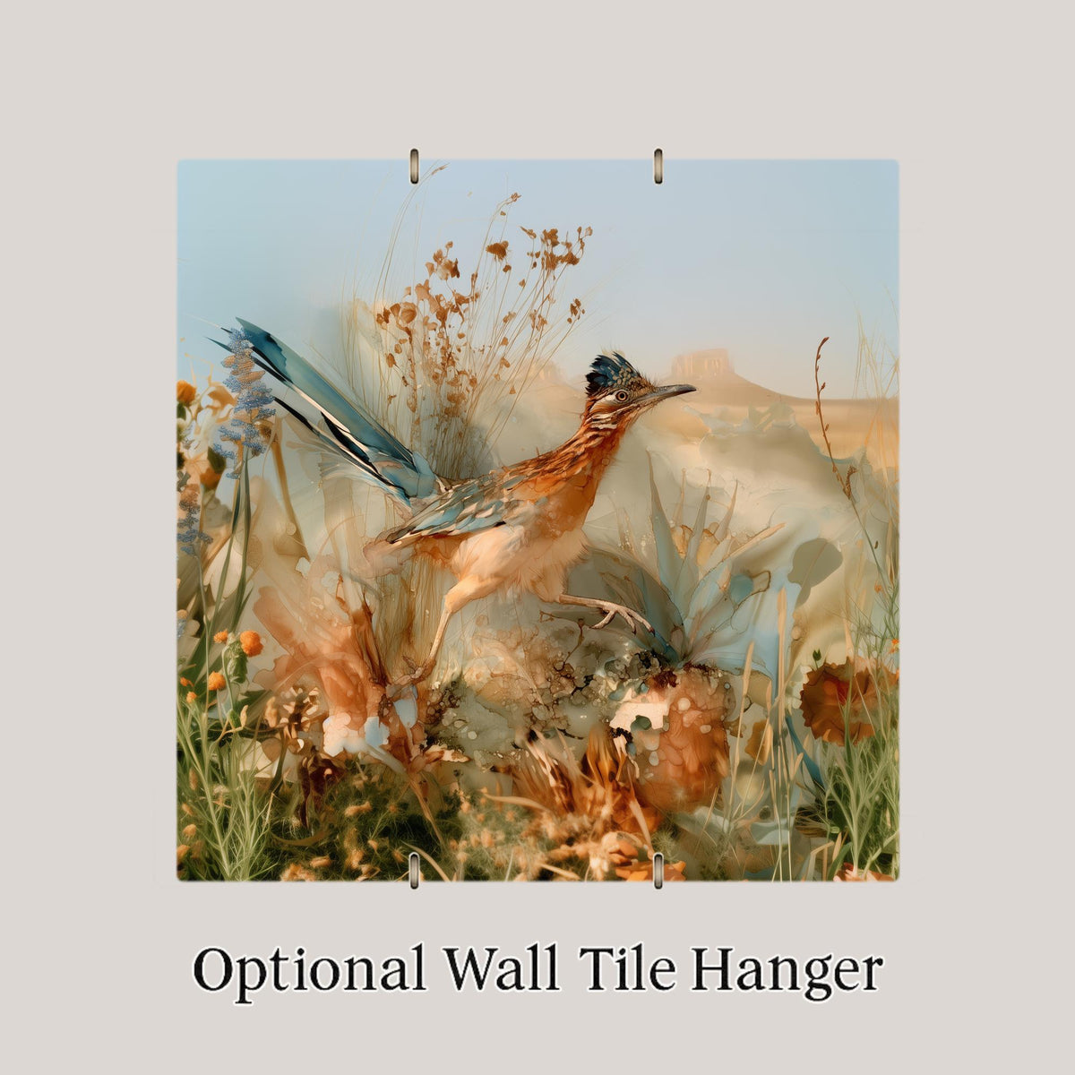 Roadrunner Art Ceramic Tile Wall Art Alcohol Ink Style Greater Roadrunner in Desert Grass Marigold Lupine Southwest Wall Art