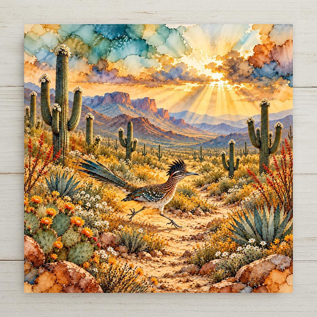 Alcohol ink style ceramic art tile of a greater roadrunner running down a sandy desert trail at sunrise, blooming saguaro cactus and flowering prickly pear on either side, agave and ocotillo, red rock buttes and sun rays in the distance