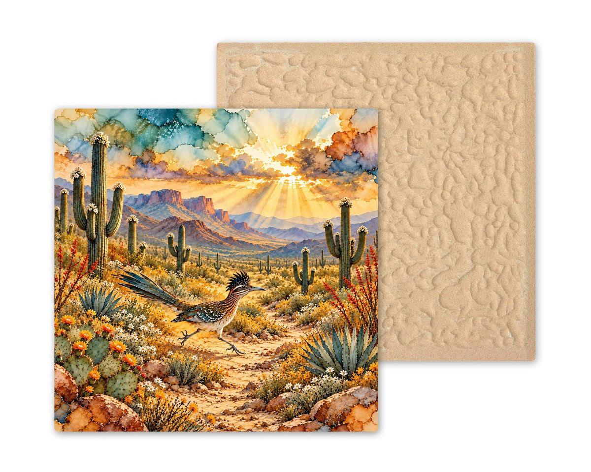 Roadrunner Art Ceramic Tile Wall Art Alcohol Ink Style Roadrunner on Desert Trail Blooming Saguaro Sunrise Southwest Wall Art