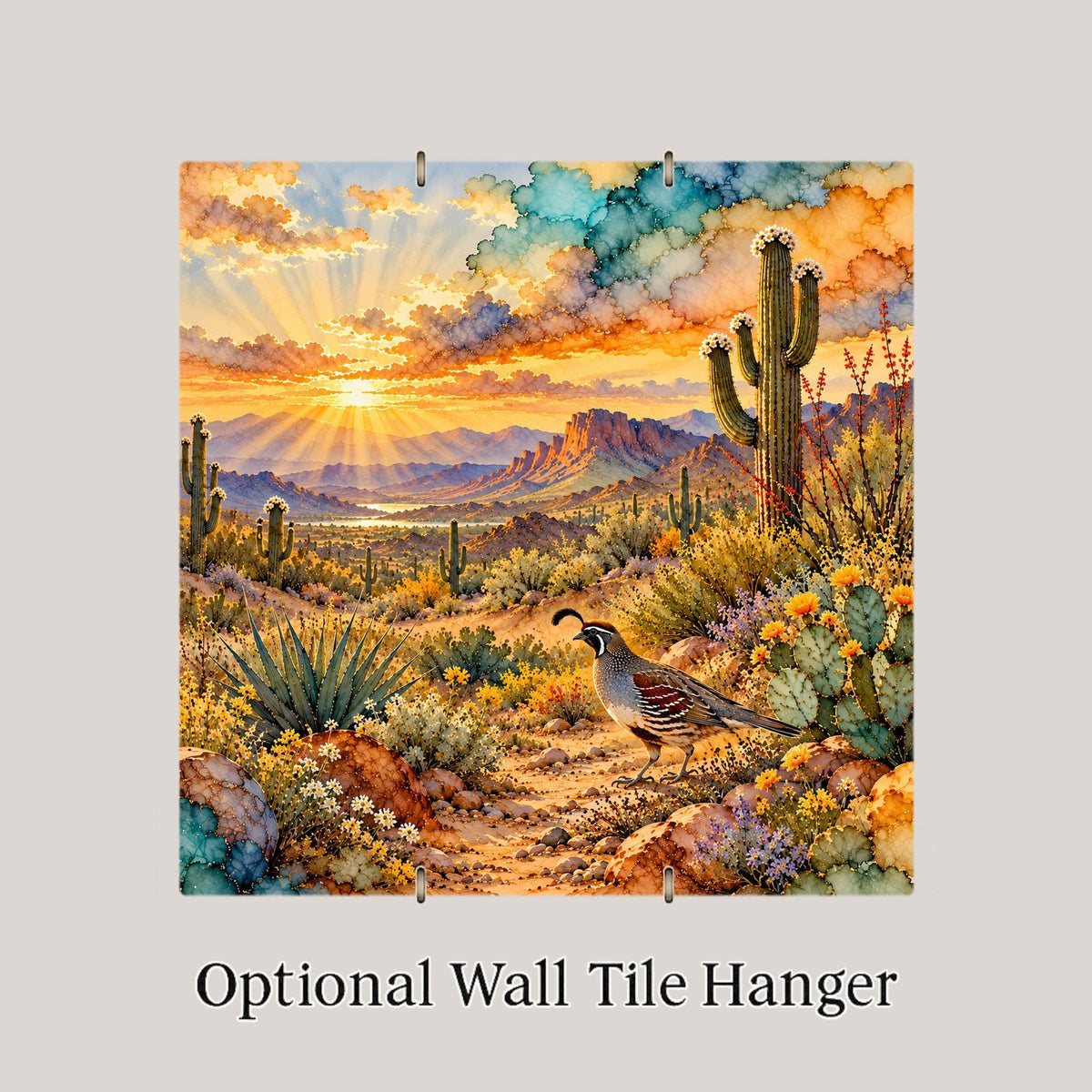 Quail Ceramic Tile Wall Art Alcohol Ink Style Gambels Quail Blooming Saguaro Cactus Ocotillo Desert Sunset Southwest Wall Art