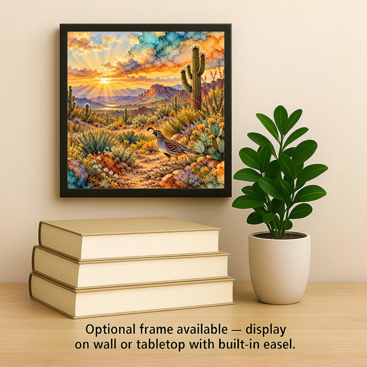 Quail Ceramic Tile Wall Art Alcohol Ink Style Gambels Quail Blooming Saguaro Cactus Ocotillo Desert Sunset Southwest Wall Art