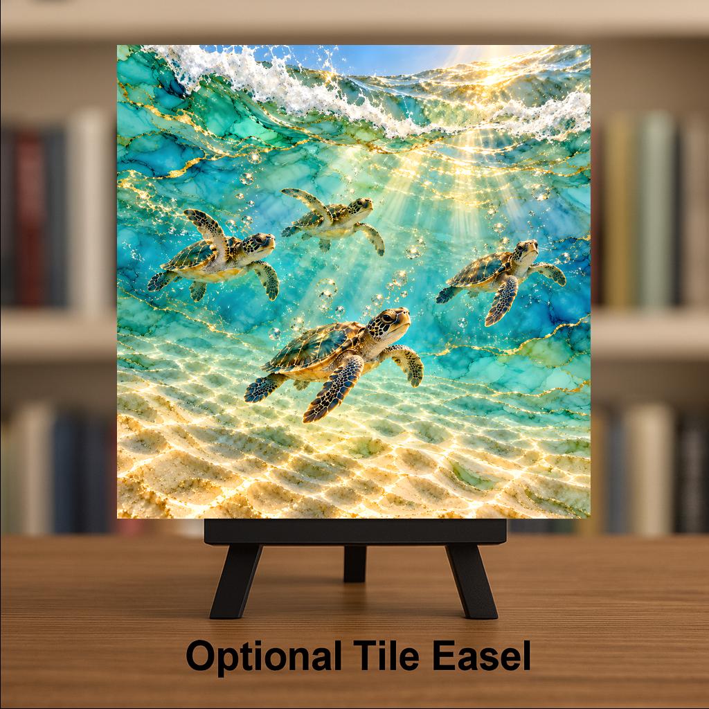 Sea Turtle Hatchlings Ceramic Tile Wall Art Alcohol Ink Style First Swim Turquoise Shallows Colorful Sea Turtle Beach Decor