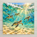Alcohol ink style ceramic art tile of four sea turtle hatchlings swimming underwater in turquoise shallows, sunlight streaming down through the water, a breaking wave overhead, rippled sand below, gold veining through the water and along the shells