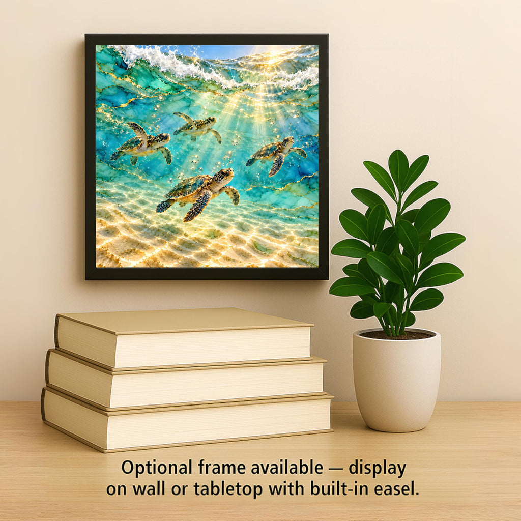 Sea Turtle Hatchlings Ceramic Tile Wall Art Alcohol Ink Style First Swim Turquoise Shallows Colorful Sea Turtle Beach Decor