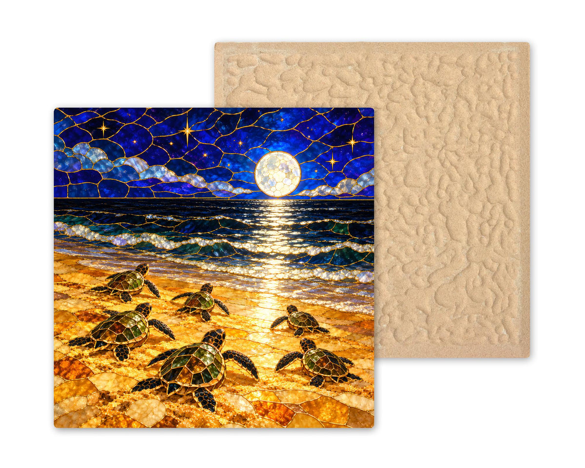 Sea Turtle Hatchlings Ceramic Tile Wall Art Stained Glass Style Moonlit Night Emergence Colorful Sea Turtle Beach House Decor