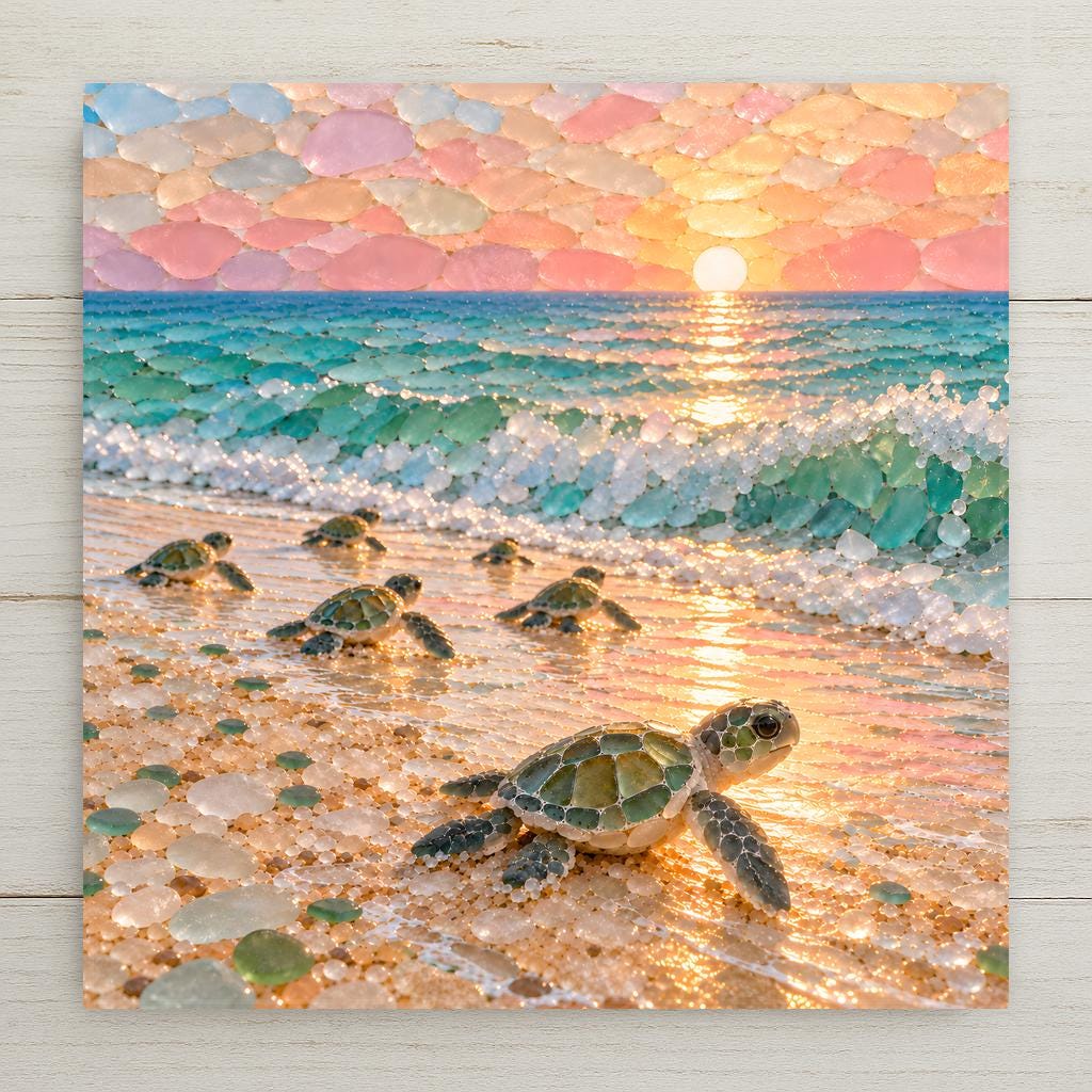 Sea glass style ceramic art tile of sea turtle hatchlings crossing a pebble beach toward the surf at sunrise, one hatchling close in the foreground, frosted sea glass in seafoam, aqua, blush and cream forming the waves, sky and sand