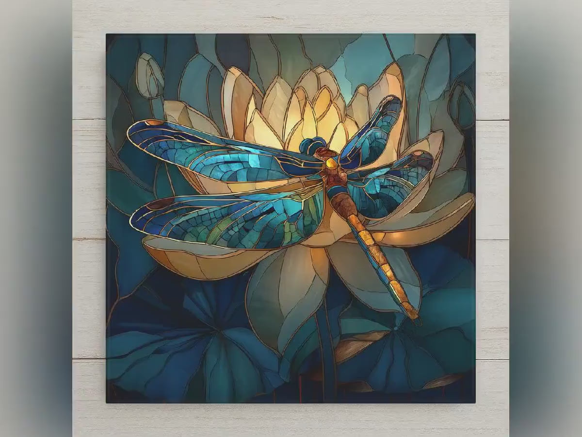 Dragonfly Wall Art Ceramic Tile – Stained Glass Style Lotus Decor – Teal Botanical Wall Decor – Nature Home Art