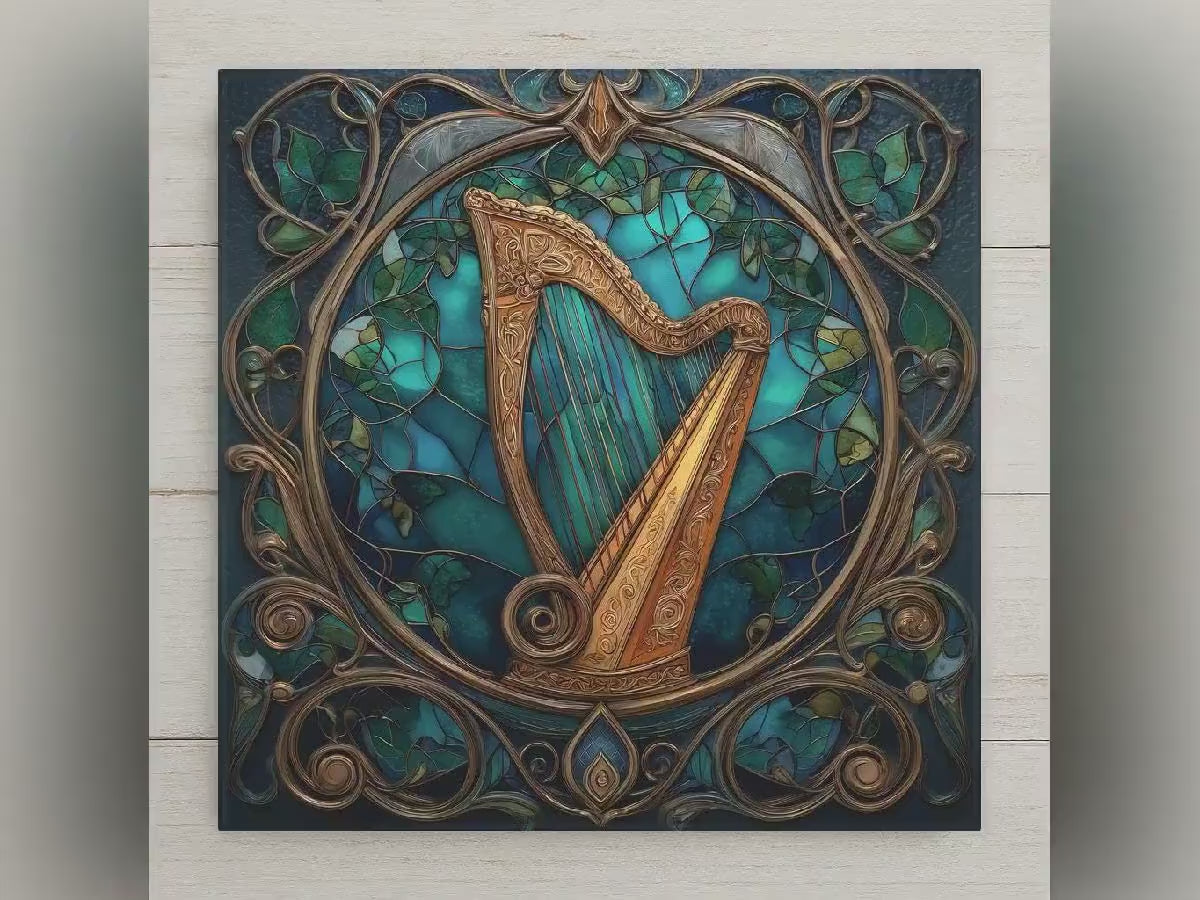 Celtic Harp Ceramic Tile - Art Nouveau Stained Glass Style Wall Decor, Irish Music Gift for Musicians