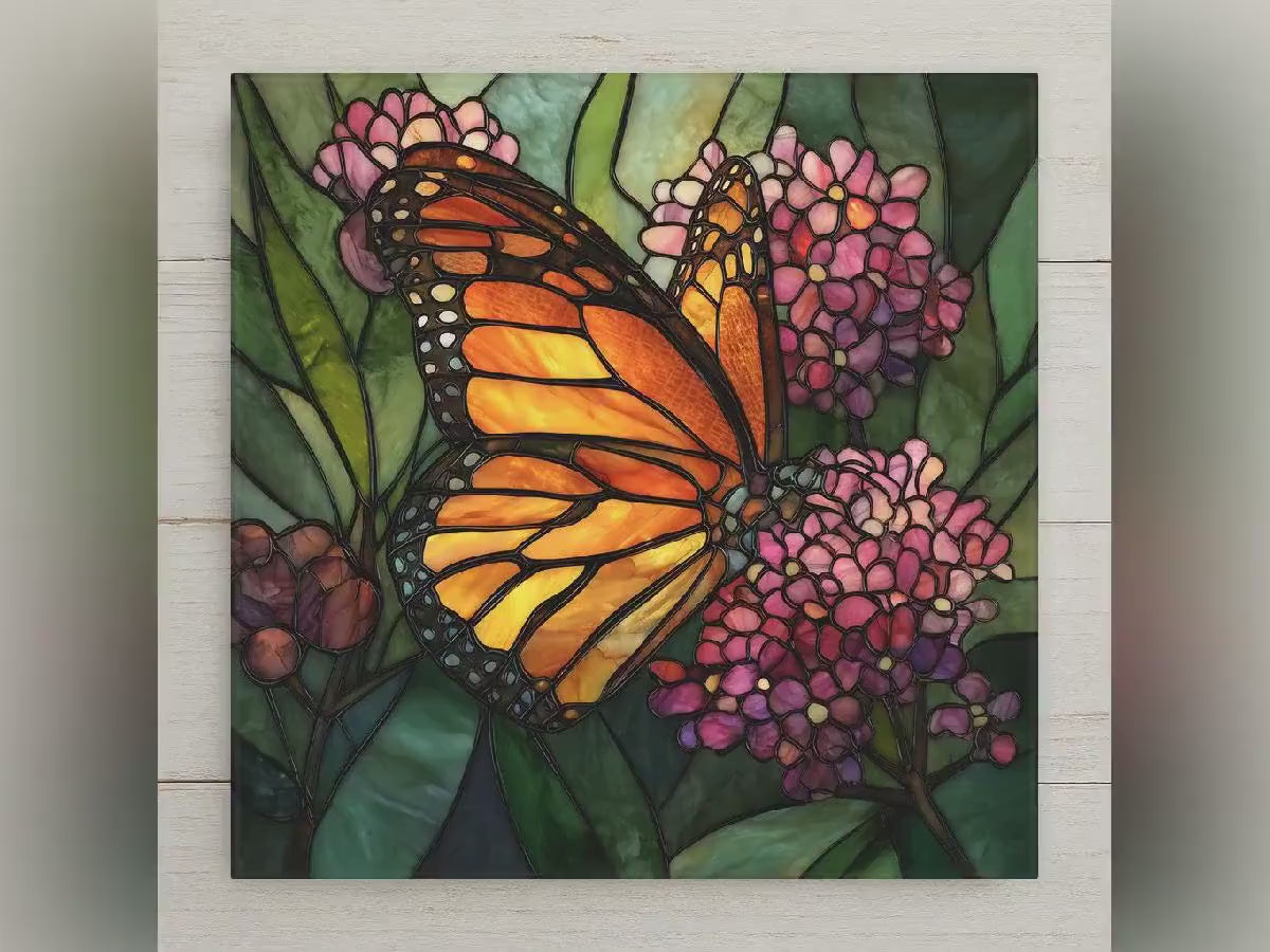 Monarch Butterfly Wall Art Ceramic Tile Stained Glass Style Floral Garden Decor Orange Butterfly Botanical Gift Tile