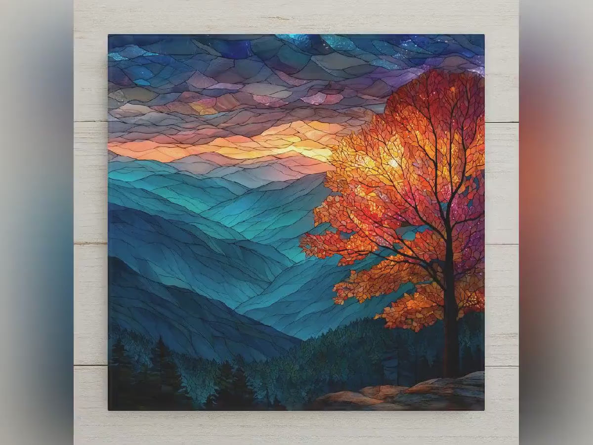 Blue Ridge Mountains Sunrise Wall Art Ceramic Tile Mosaic Style Landscape Decor Nature Inspired Home Gift