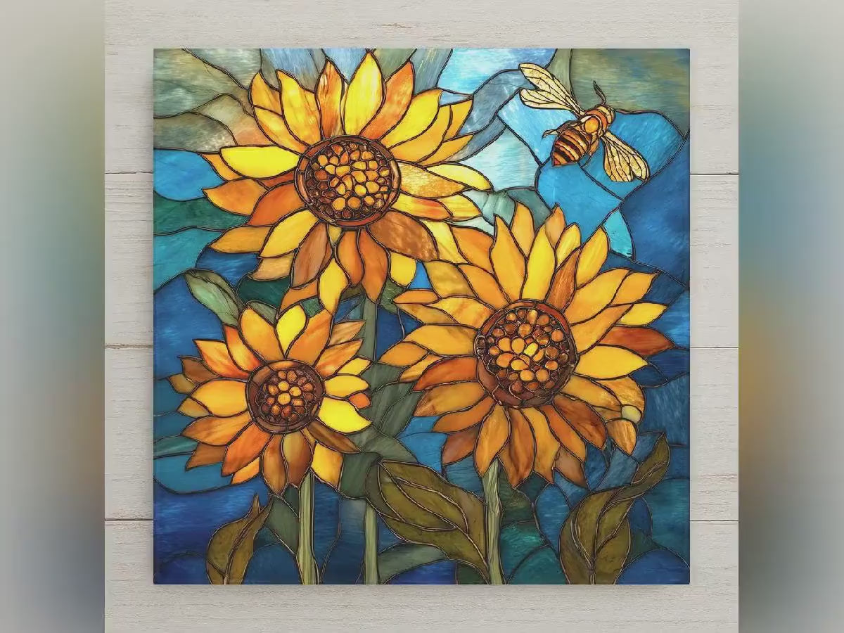 Sunflower Ceramic Tile Wall Art – Stained Glass Style Sunflower Decor, Bright Floral Home Decor, Kitchen Wall Decor, Nature Art Gift