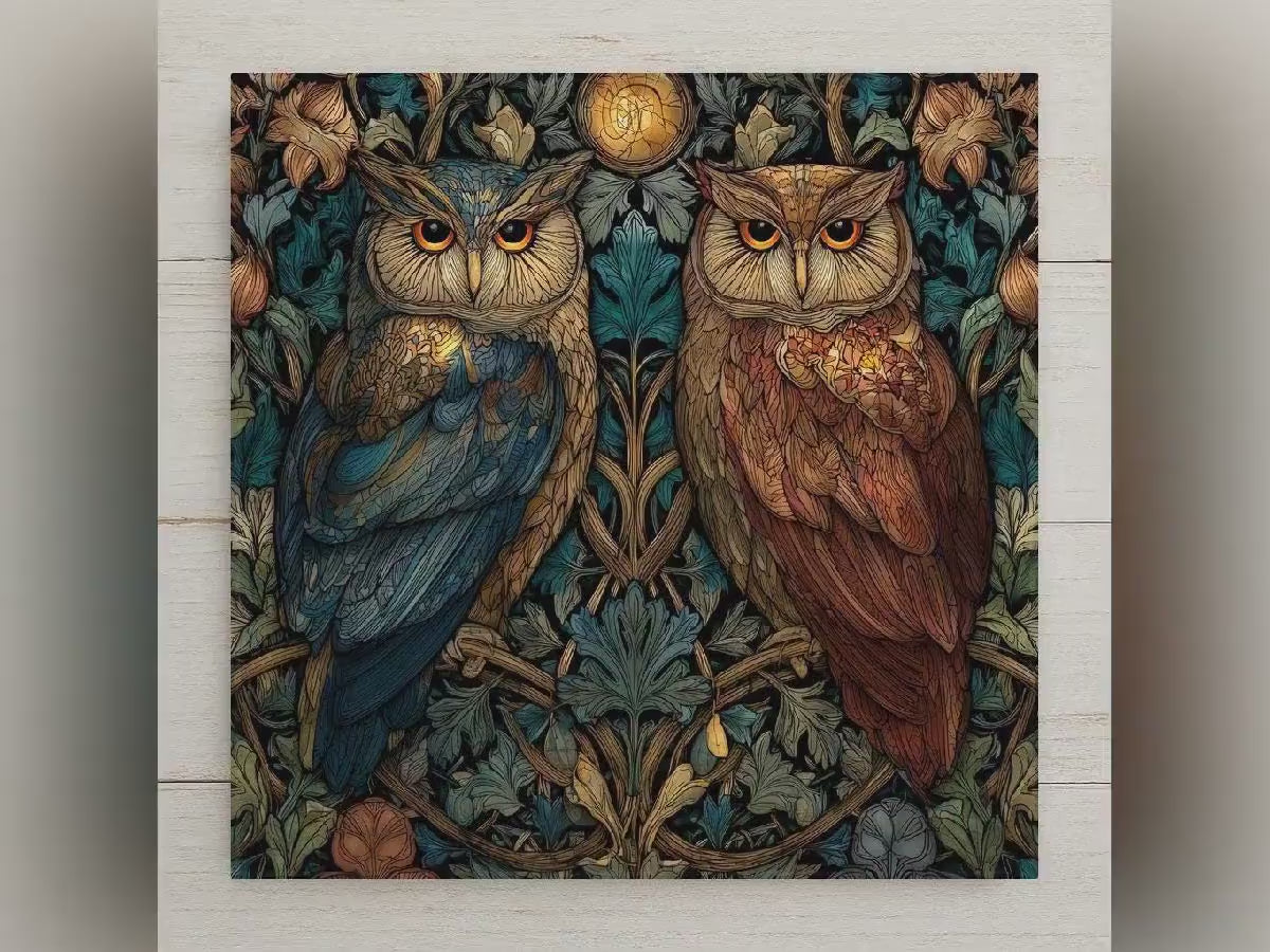 Moonlit Owl Wall Art Ceramic Tile Stained Glass Style Woodland Gift Birdwatcher Night Bird Lover Wildlife Art Anniversary Gift for Her