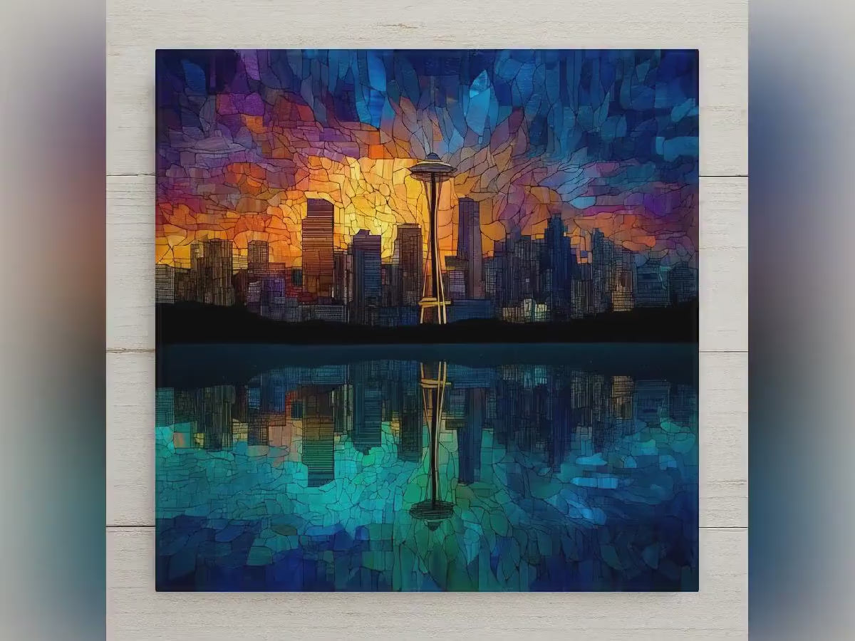 Seattle Skyline Ceramic Art Tile: Nature Wall Decor Pacific Northwest Home Decor Wall Art Space Needle Pacific Northwest Seattle City Art