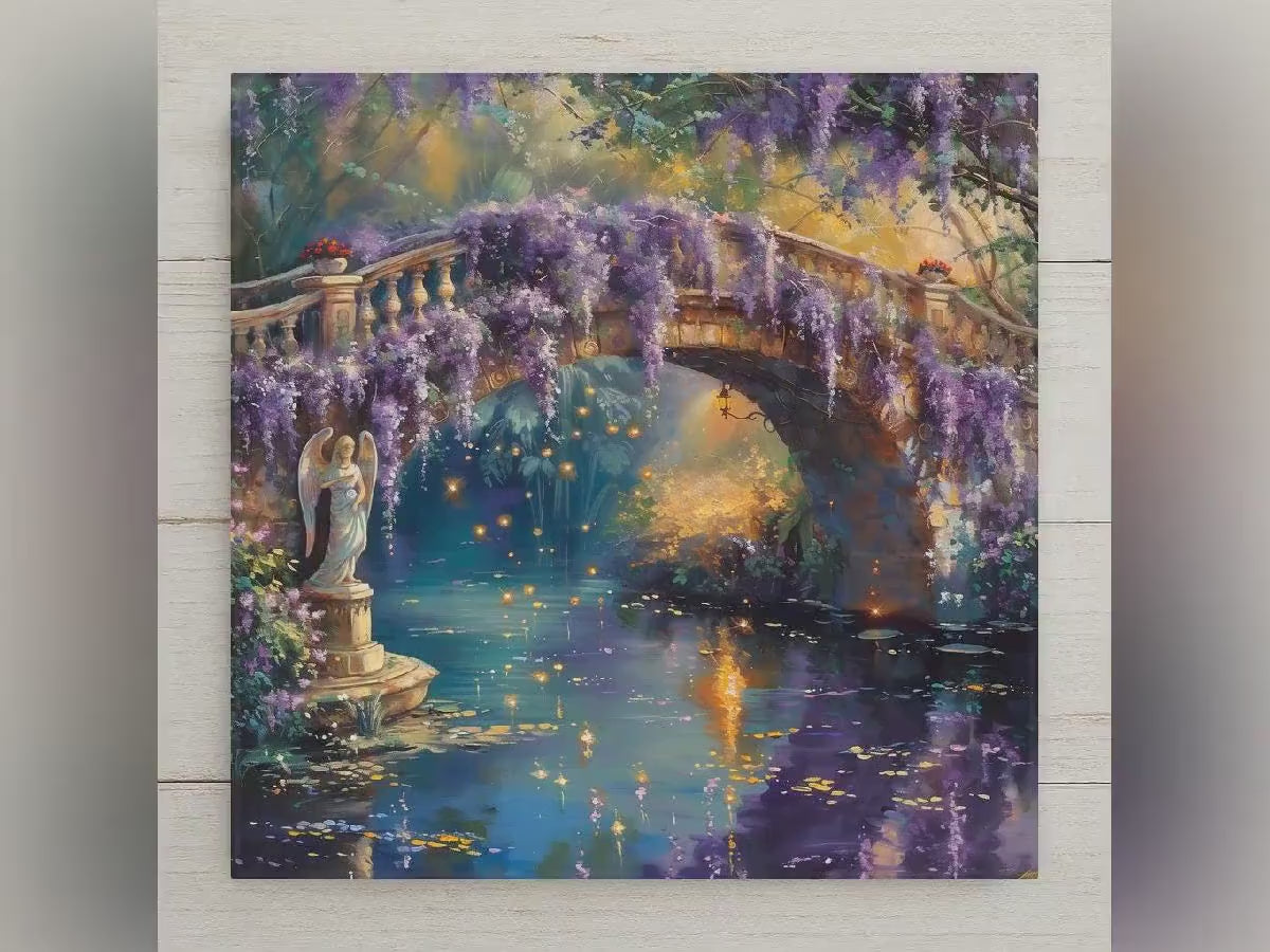 Wisteria Bridge Ceramic Art Tile – Purple Garden Wall Decor, Romantic Cottage Floral Nature Gift