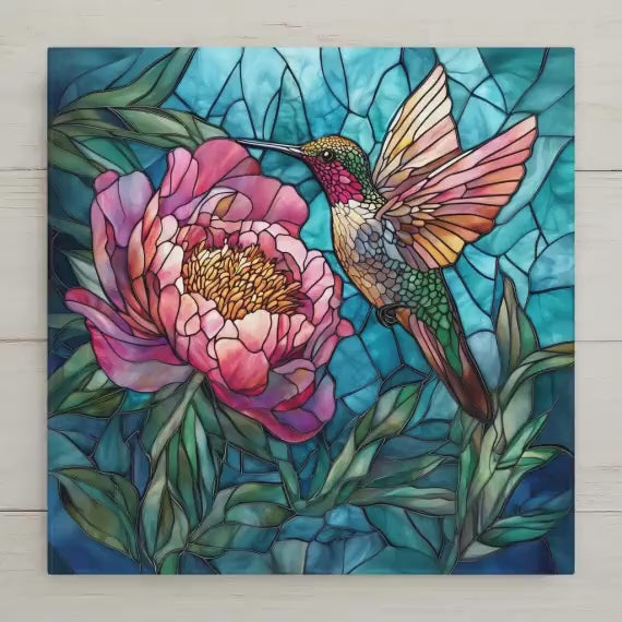 Hummingbird Peony Stained Glass Style Ceramic Art Tile – Pink Floral Wall Decor, Garden Bird Lover