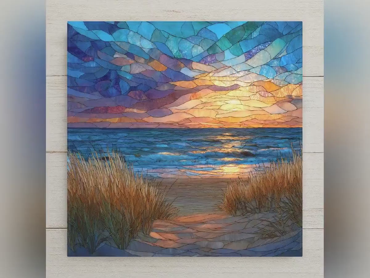 Cape Cod Sunset Ceramic Art Tile – Stained Glass Style Coastal Beach Wall Decor, New England Nautical Gift