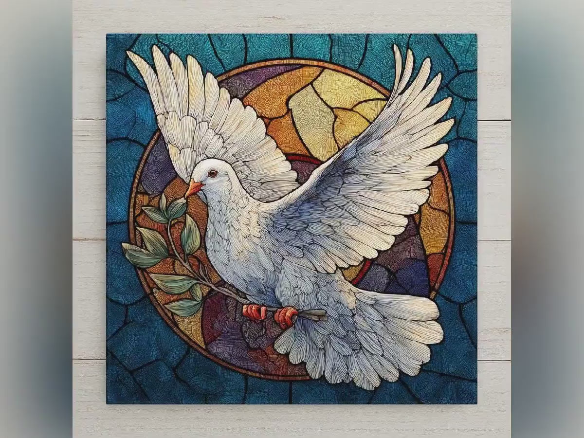 Dove Ceramic Art Tile – Stained Glass Style Christian Wall Decor, Peaceful Faith Sympathy Gift