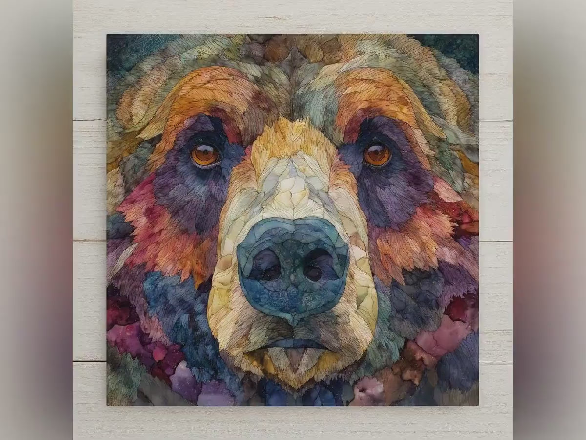 Grizzly Bear Ceramic Tile Wall Art – Stained Glass Style Wildlife Decor, Rustic Cabin Home Decor, Nature Wall Decor Gift
