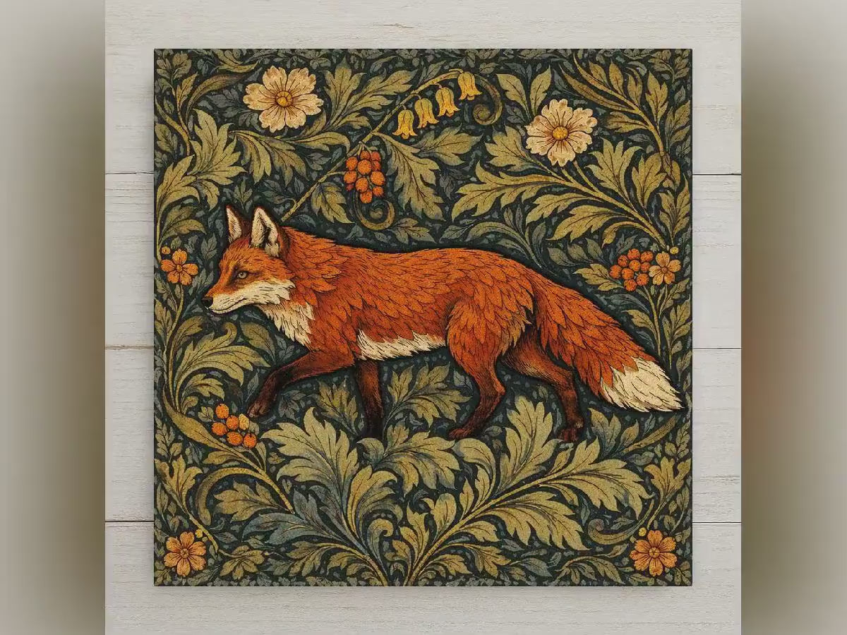Fox William Morris Ceramic Art Tile – Arts and Crafts Woodland Wall Decor, Cottagecore Heritage Gift