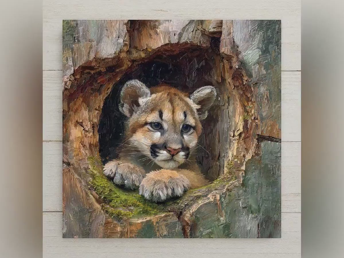 Baby Mountain Lion Ceramic Art Tile – Woodland Wildlife Wall Decor, Rustic Cabin Nature Nursery Gift