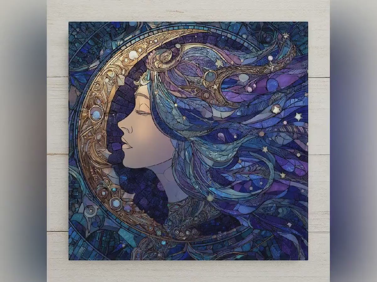 Moon Goddess Ceramic Art Tile: Night Sky Wall Decor Mystical Home Decor Celestial Wall Art Witchy Boho Lunar Moon Phase Mystical Art