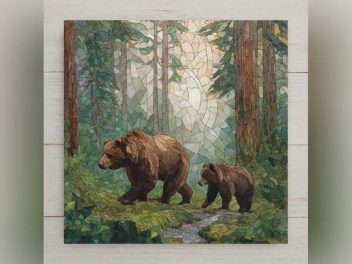 Bear Cub Wall Art Ceramic Tile Stained Glass Style Woodland Home Decor Mother Baby Animal Wildlife Nature