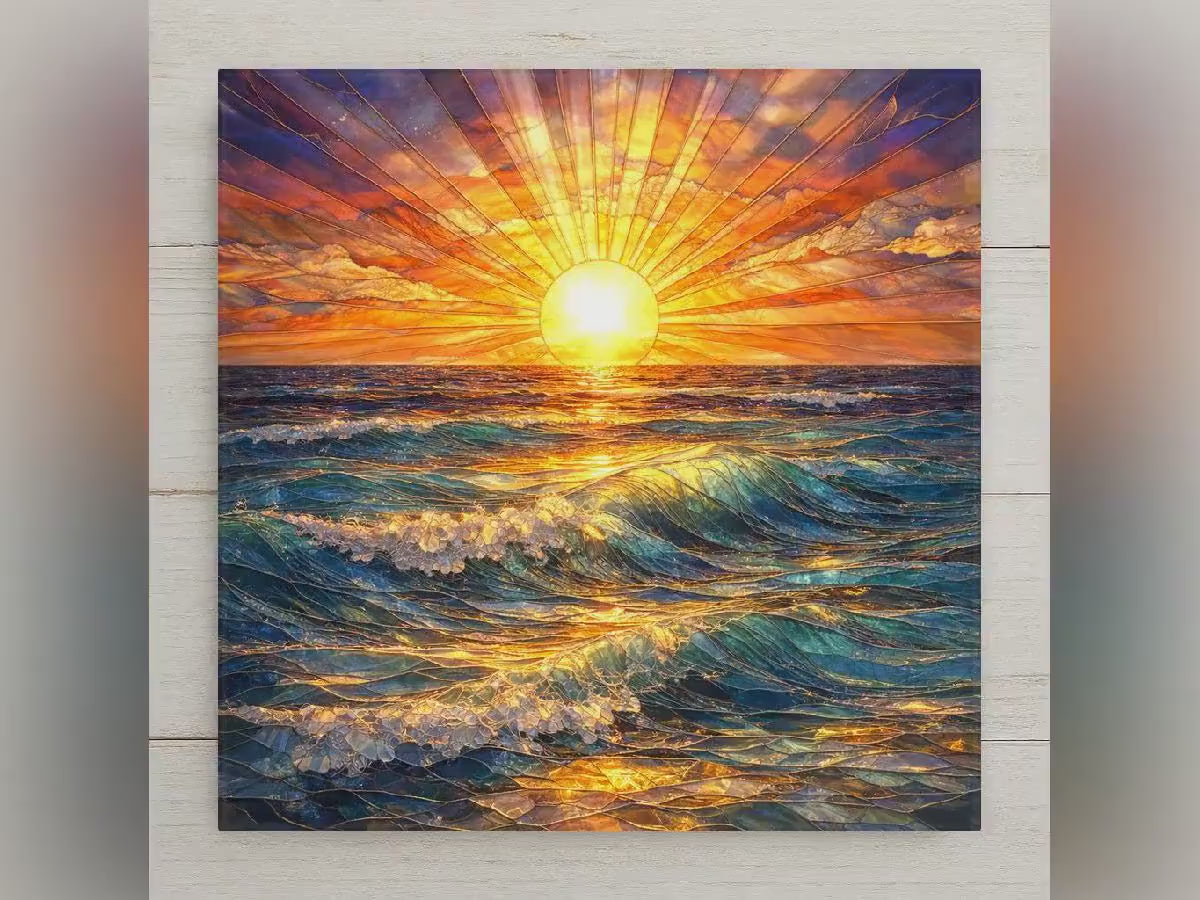 Ocean Sunrise Ceramic Tile Wall Art – Stained Glass Style Sea Waves, Coastal Wall Decor, Beach Home Decor, Golden Sun Seascape Art