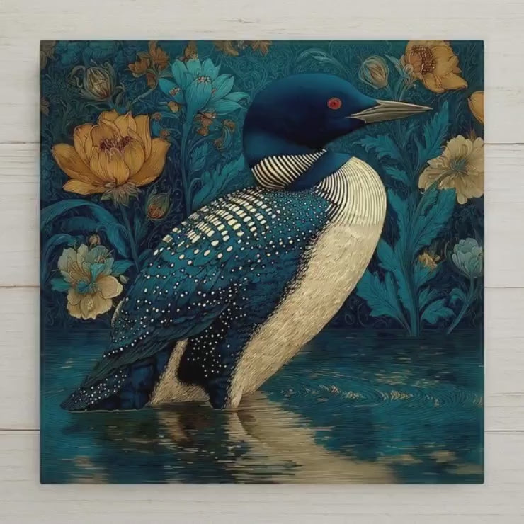 Loon Ceramic Art Tile – Art Nouveau Style, William Morris, Minnesota Lake Gift, Loon Lover Birdwatcher Art
