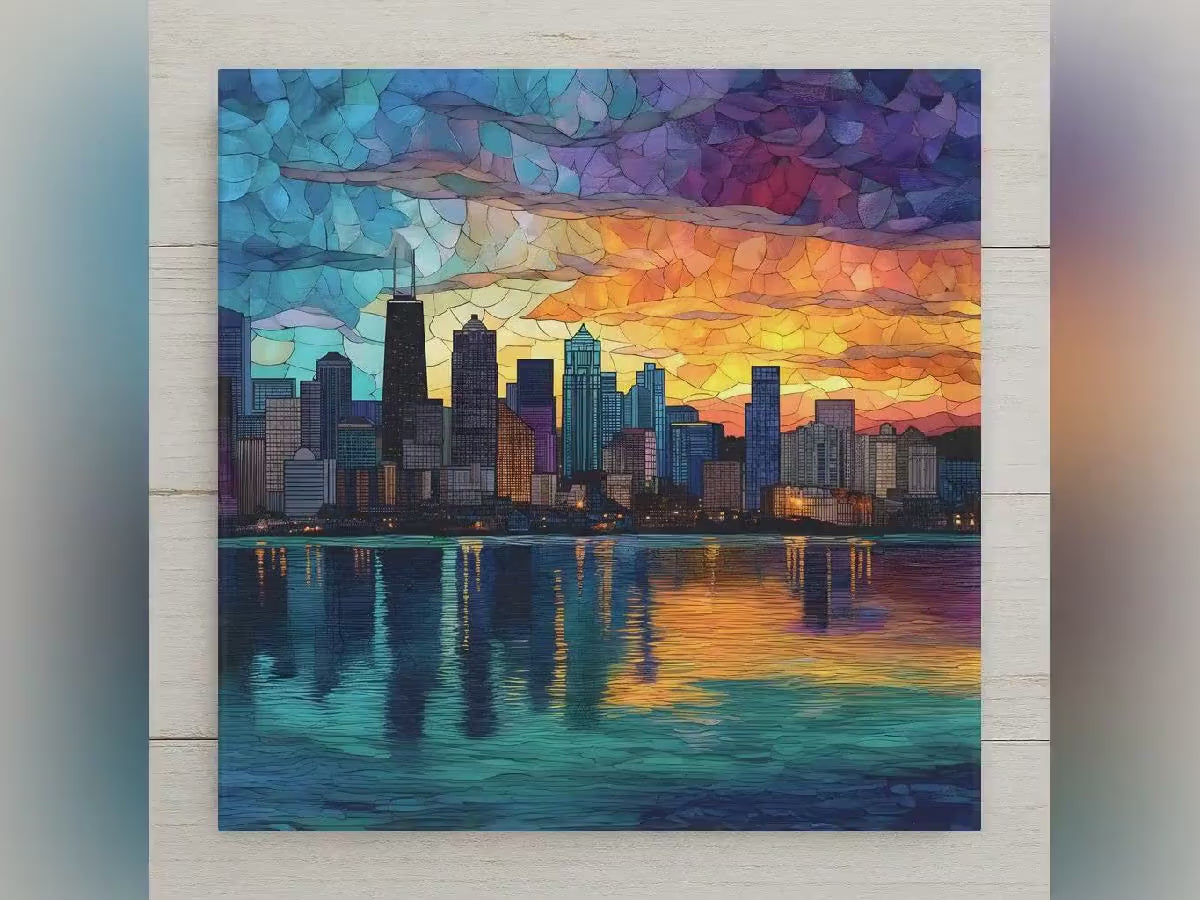 Chicago Skyline Wall Art Ceramic Tile Stained Glass Style Sunset Cityscape Decor Colorful Urban Lakefront Gift Tile