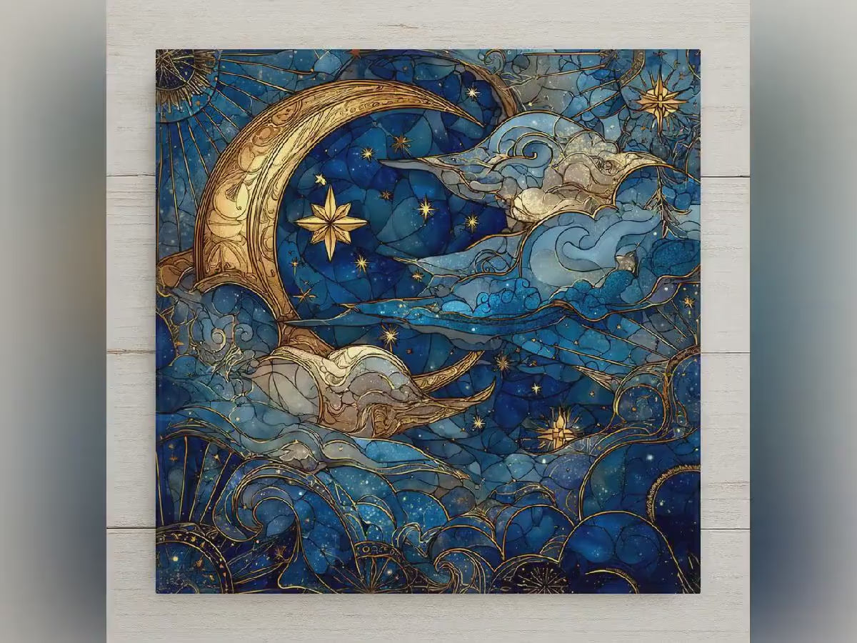 Moon & Stars Ceramic Tile Wall Art – Stained Glass Style Night Sky, Celestial Wall Decor, Mystical Home Decor