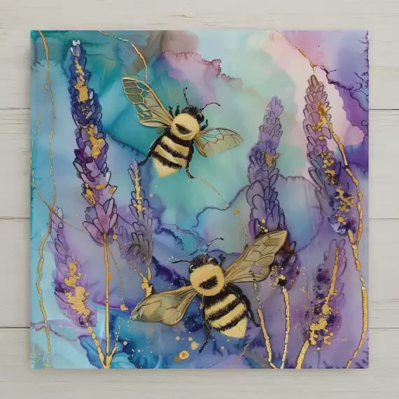 Lavender Bee Ceramic Art Tile – Botanical Garden Art, Bee Lover Gift, Honey Bee Lavender Floral, Farmhouse Nature Decor