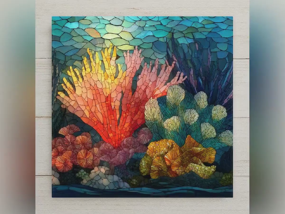 Coral Reef Wall Art Ceramic Tile Ocean Gift Stained Glass Decor Marine Nature Art Reef Lover Coastal Gift Tile