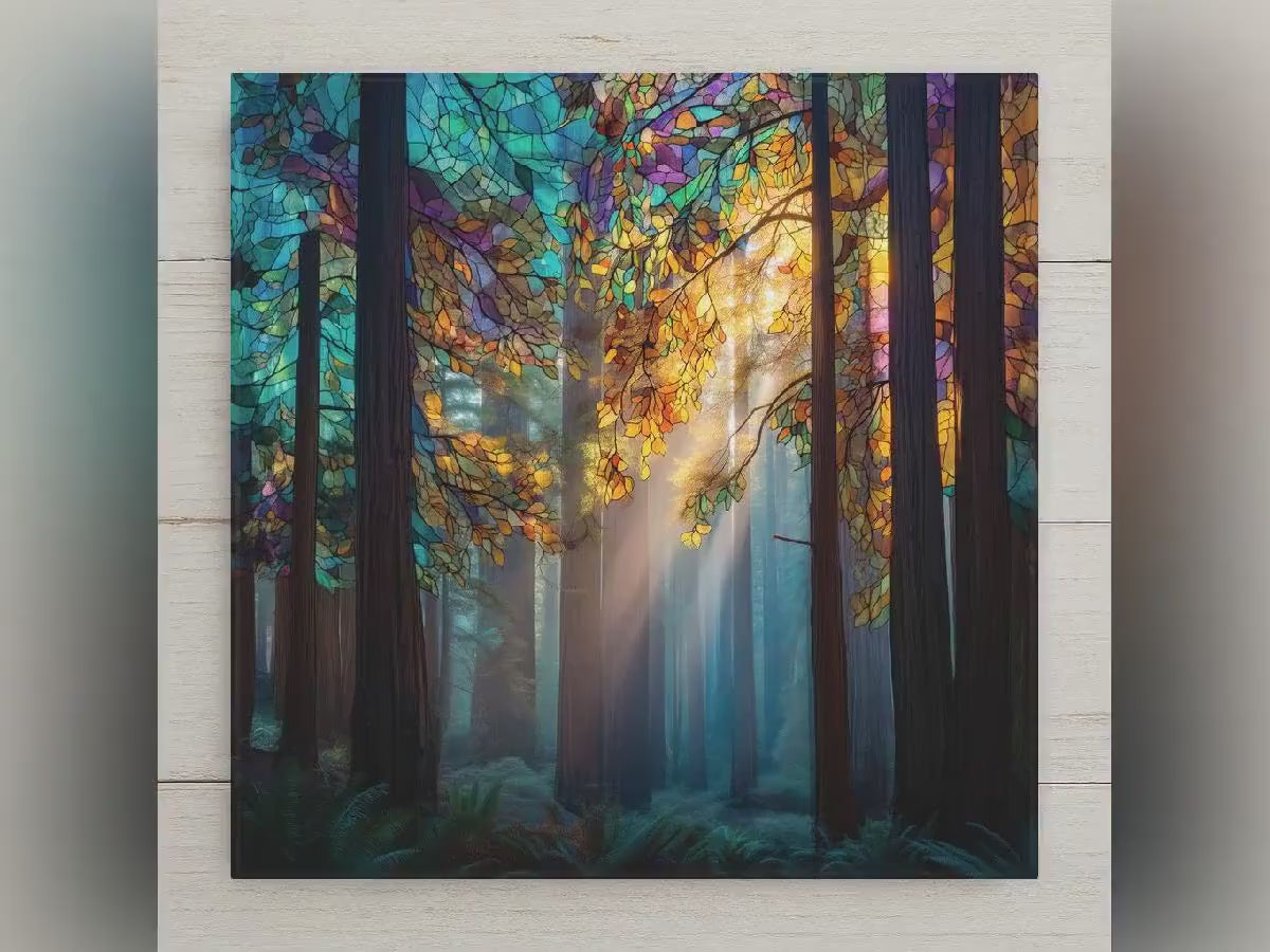 Redwoods Stained Glass Style Ceramic Art Tile: Cabin Wall Decor Nature Lover Gift Home Decor Wall Art California Forest Redwood Nature Art