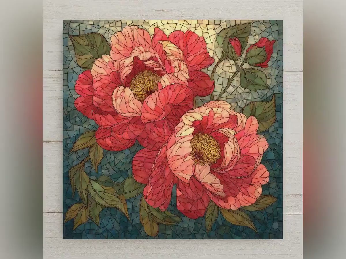 Peony Wall Art Ceramic Tile Floral Gift Botanical Decor Garden Art Stained Glass Style Peony Lover Gift Tile