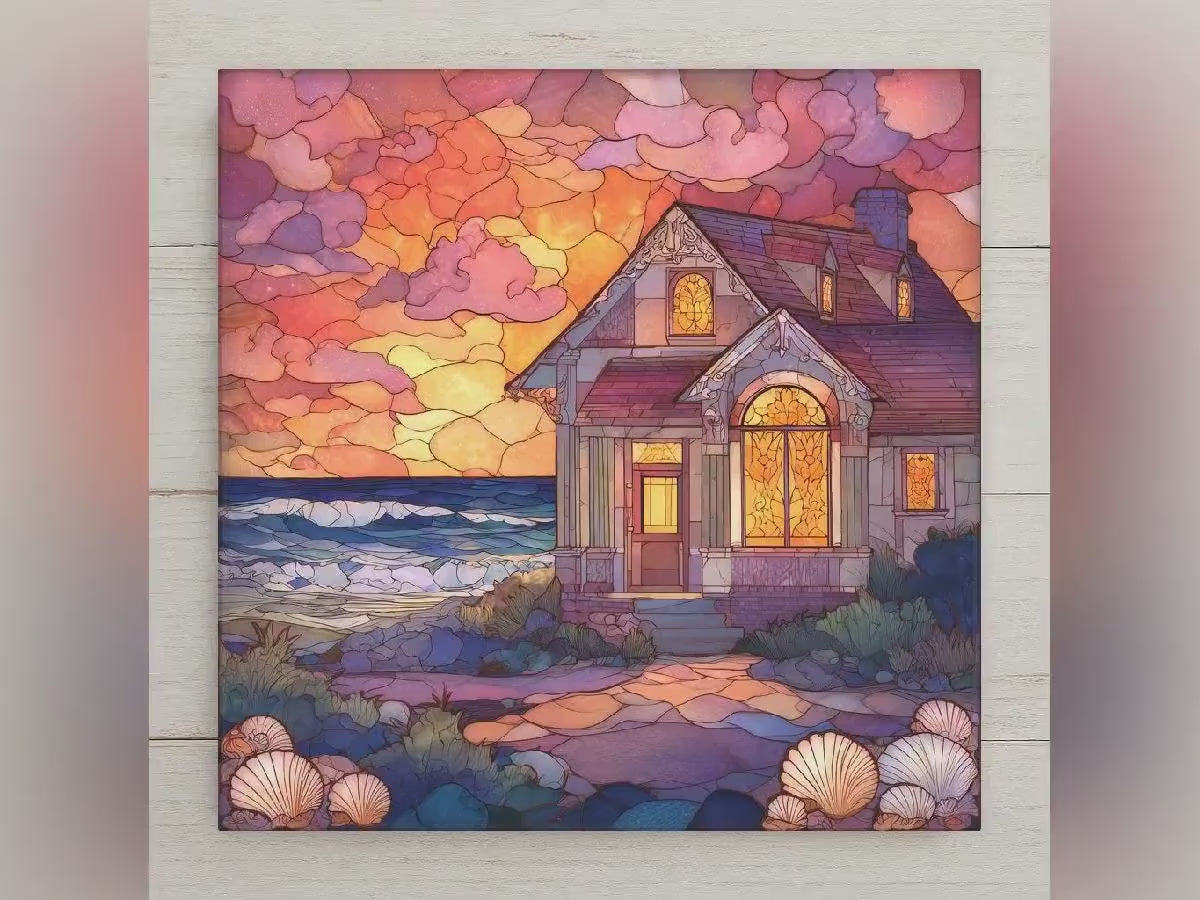 Coastal Cottage Sunset Wall Art Ceramic Tile Beach Cottage Gift Seaside Decor Ocean Art Coastal Lover Gift Tile