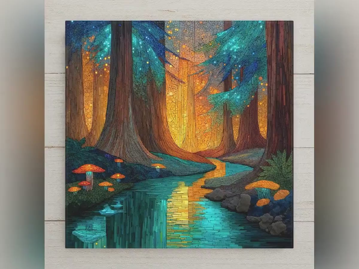 Redwood Forest Stained Glass Style Ceramic Art Tile: Cabin Wall Decor Nature Lover Gift Woodland Home Decor Wall Art California Pacific NW