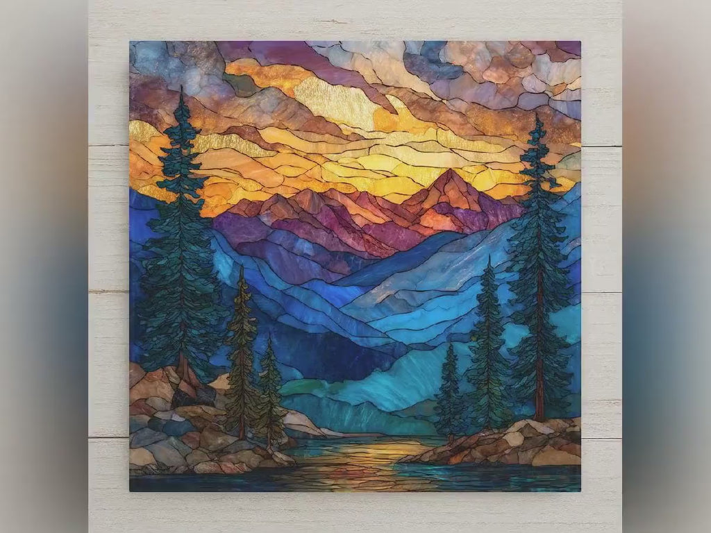 Rocky Mountains Ceramic Tile Wall Art – Stained Glass Style Mountain Landscape, Alpine Forest Home Decor, Nature Inspired Art Tile