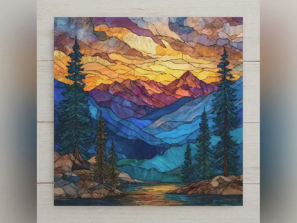 Rocky Mountains Ceramic Tile Wall Art – Stained Glass Style Mountain Landscape, Alpine Forest Home Decor, Nature Inspired Art Tile