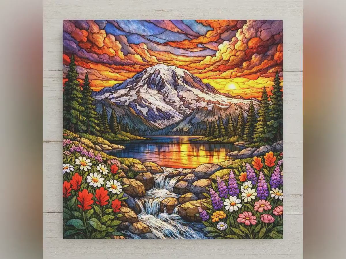 Mount Rainier Wall Art Ceramic Tile Stained Glass Style Landscape Washington Mountain Decor Nature Gift Tile