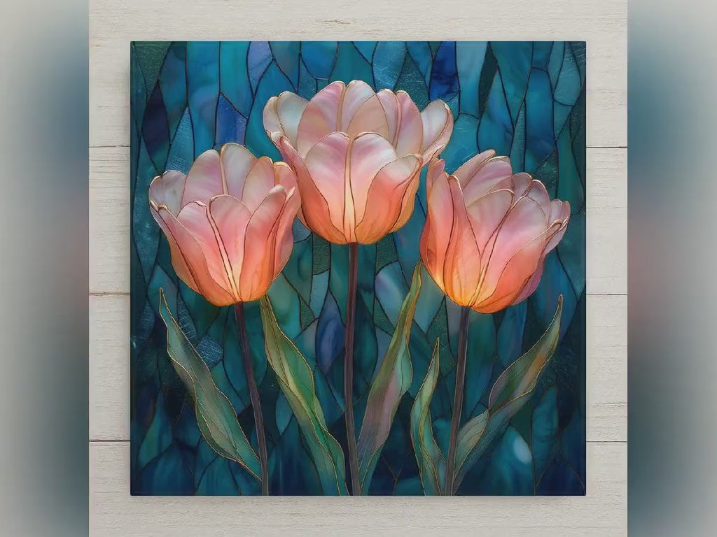 Coral Tulip Wall Art Ceramic Tile – Stained Glass Style Floral Decor, Soft Spring Botanical Artwork, Elegant Home Decor Gift for Her
