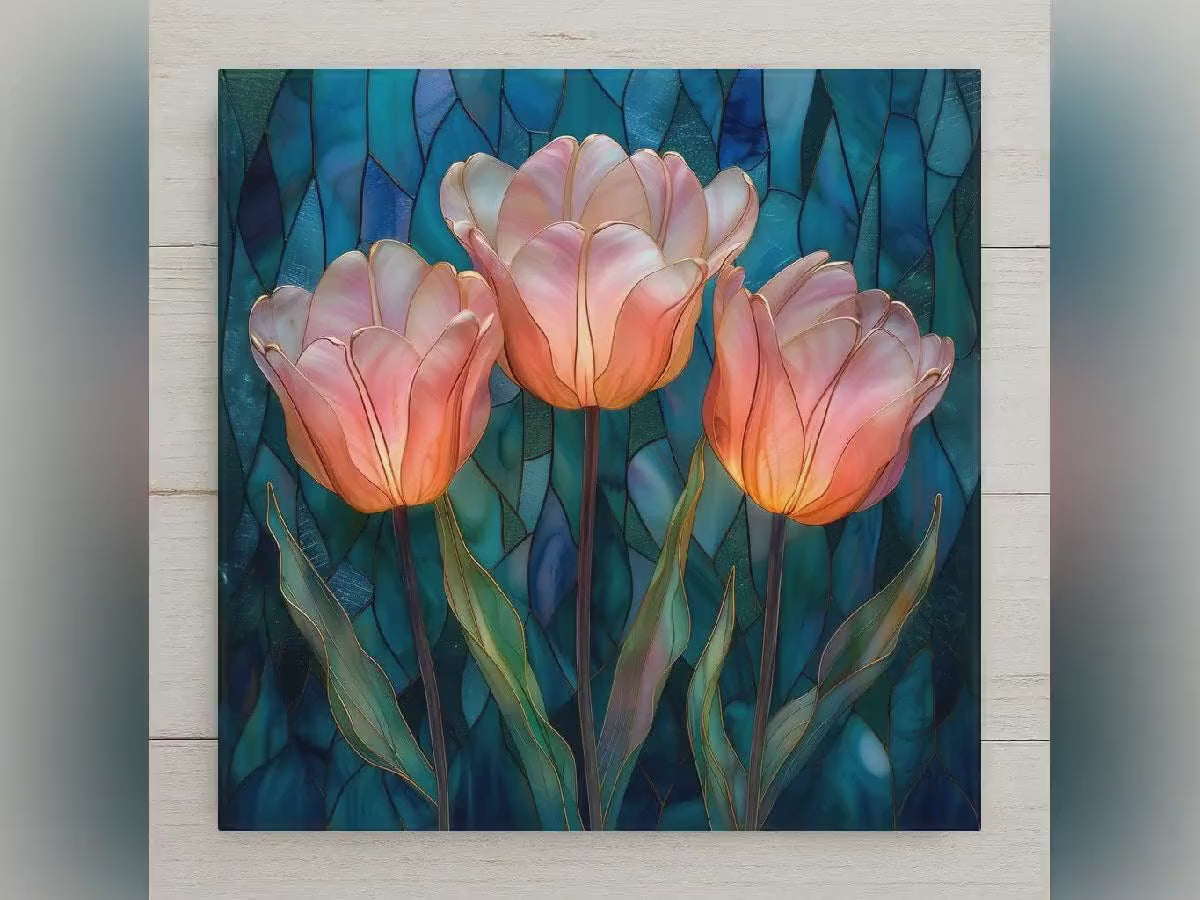Coral Tulip Wall Art Ceramic Tile – Stained Glass Style Floral Decor, Soft Spring Botanical Artwork, Elegant Home Decor Gift for Her