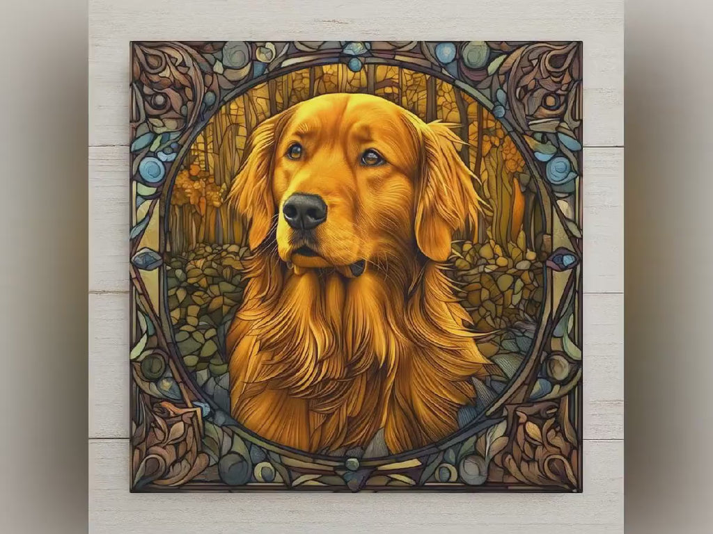 Golden Retriever Memorial Stained Glass Style Ceramic Art Tile – Dog Remembrance Rainbow Bridge Wall Decor, Pet Loss Keepsake