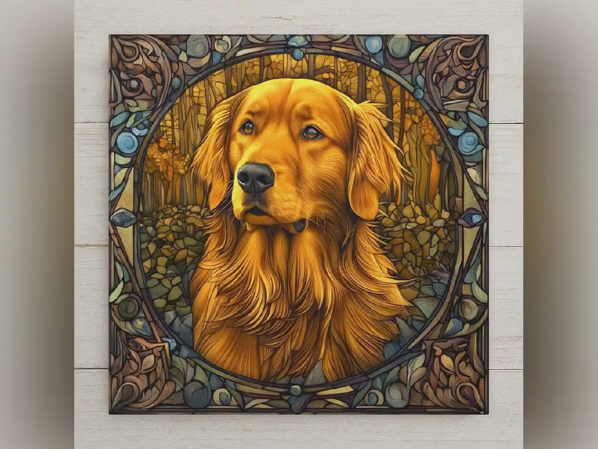 Golden Retriever Memorial Stained Glass Style Ceramic Art Tile – Dog Remembrance Rainbow Bridge Wall Decor, Pet Loss Keepsake