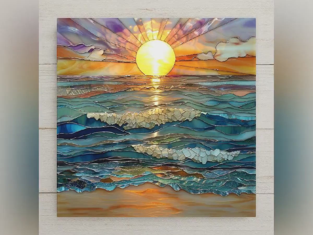 Ocean Waves Sunset Ceramic Tile: Coastal Beach House Wall Art