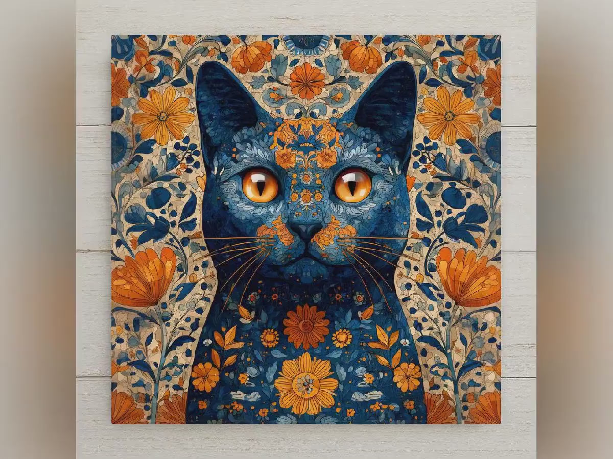 Floral Cat Wall Art Ceramic Tile Cat Lover Gift Boho Nature Art Mothers Day Cat Art Botanical Cat Decor Gift