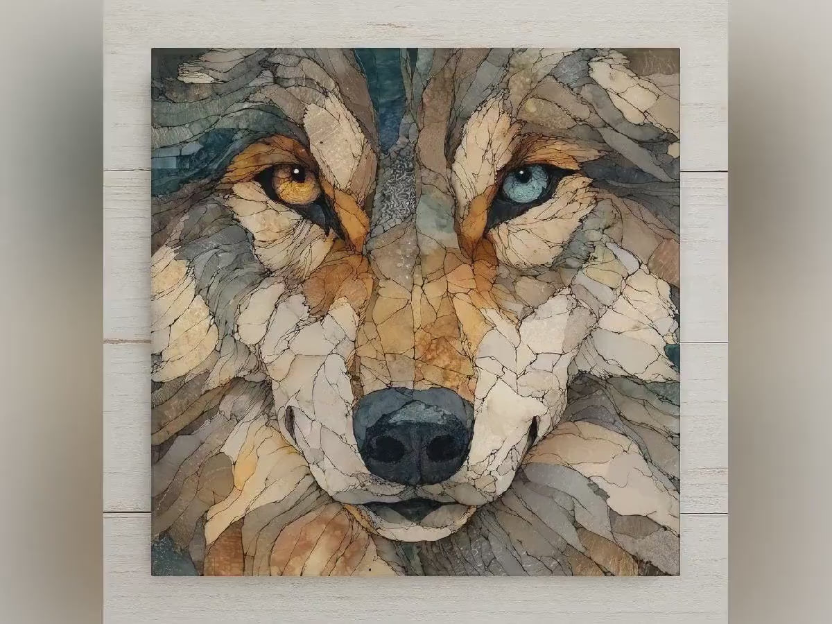 Wolf Wall Art Tile – Mosaic Style Wildlife Ceramic Home Decor with Intense Eyes, Rustic Cabin Accent, Nature Gift, Decorative Tile
